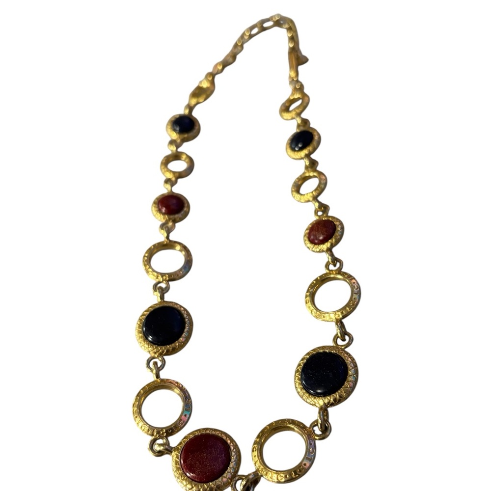 Necklace Liz Claiborne W/ Rust & Dark Blue Cabochons Gold tone Links Marked VTG